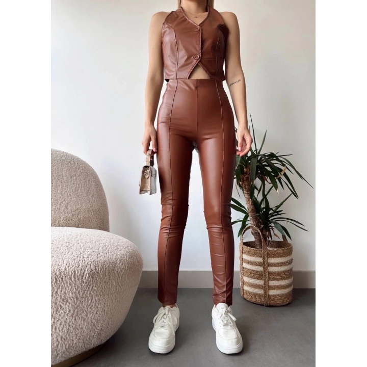 İki düğmeli deri yelek kahve s243001