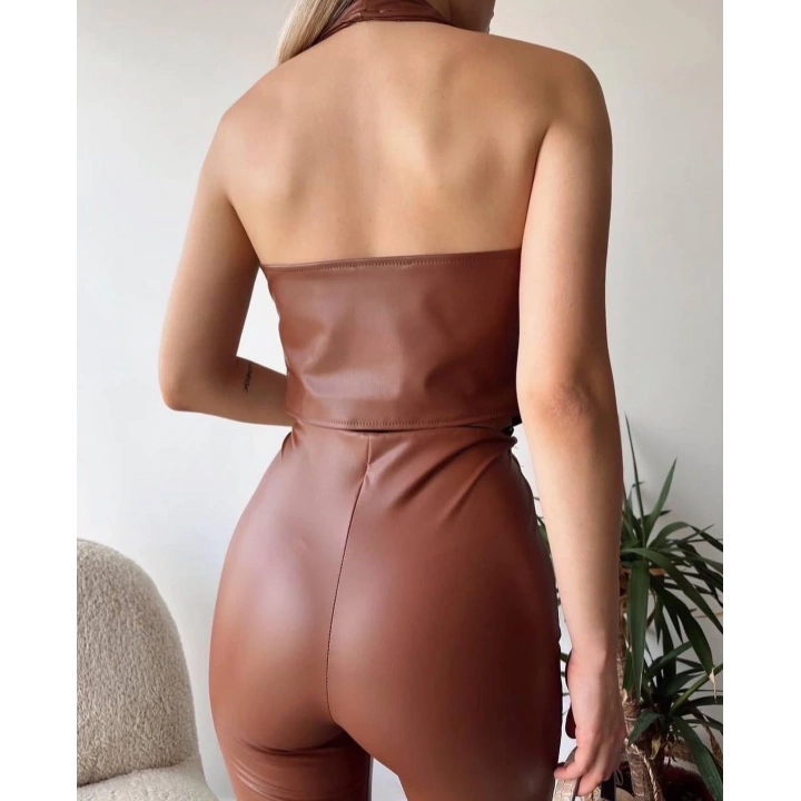 İki düğmeli deri yelek kahve s243001