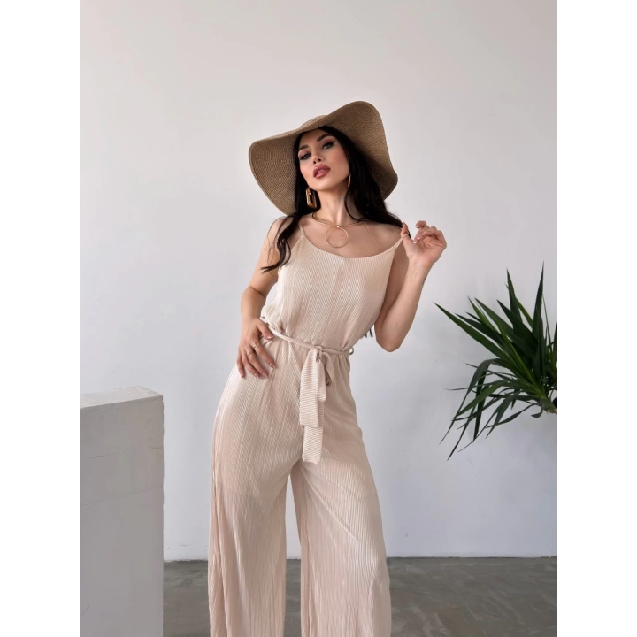 İp Askılı Kuşaklı Krinkle Tulum