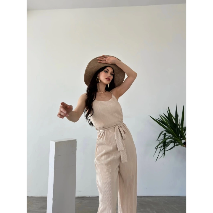 İp Askılı Kuşaklı Krinkle Tulum
