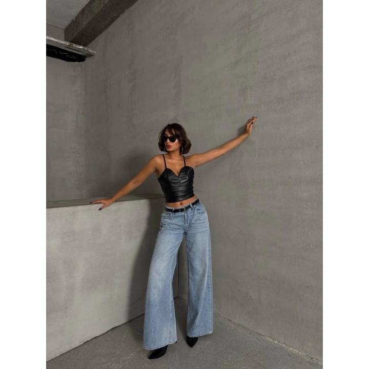 İp askılı yandan fermuarlı rastale deri crop siyah s24113