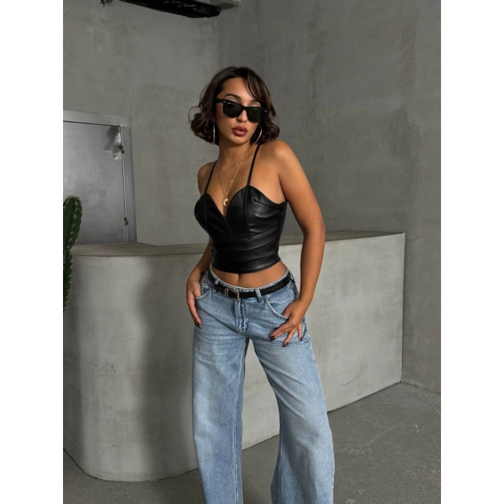 İp askılı yandan fermuarlı rastale deri crop siyah s24113