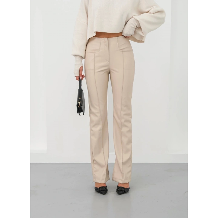 İspanyol yırtmaçlı paça deri pantolon bej hn