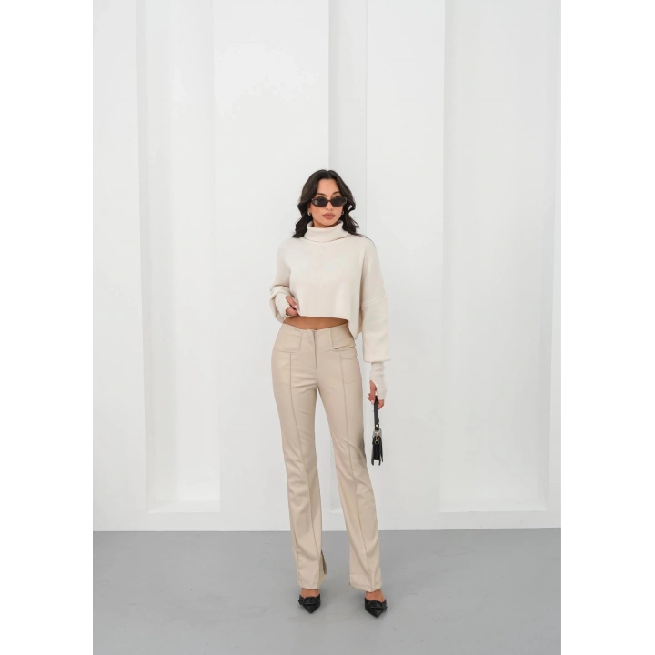 İspanyol yırtmaçlı paça deri pantolon bej hn