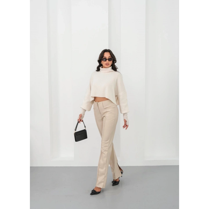 İspanyol yırtmaçlı paça deri pantolon bej hn