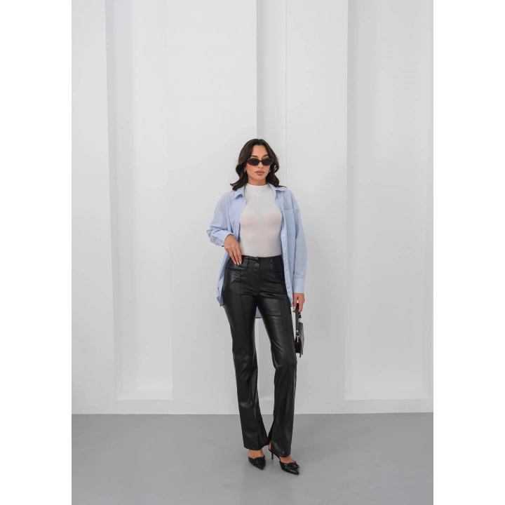 İspanyol yırtmaçlı paça deri pantolon siyah hn