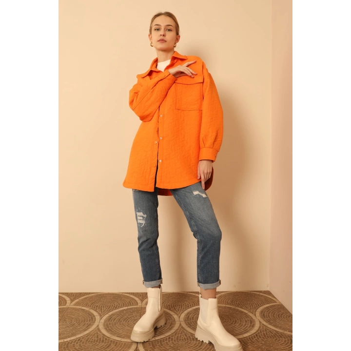 Jakar Kumaş Geometrik Desen Oversize Kadın Gömlek-Oranj