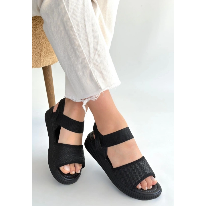 Jake Siyah Hasır Cilt Sandalet