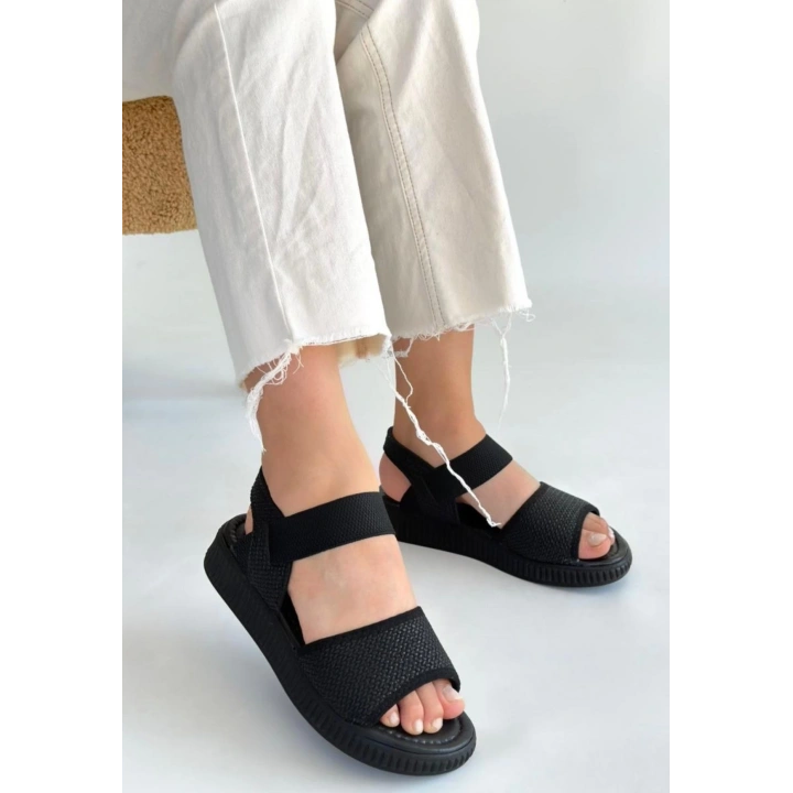 Jake Siyah Hasır Cilt Sandalet