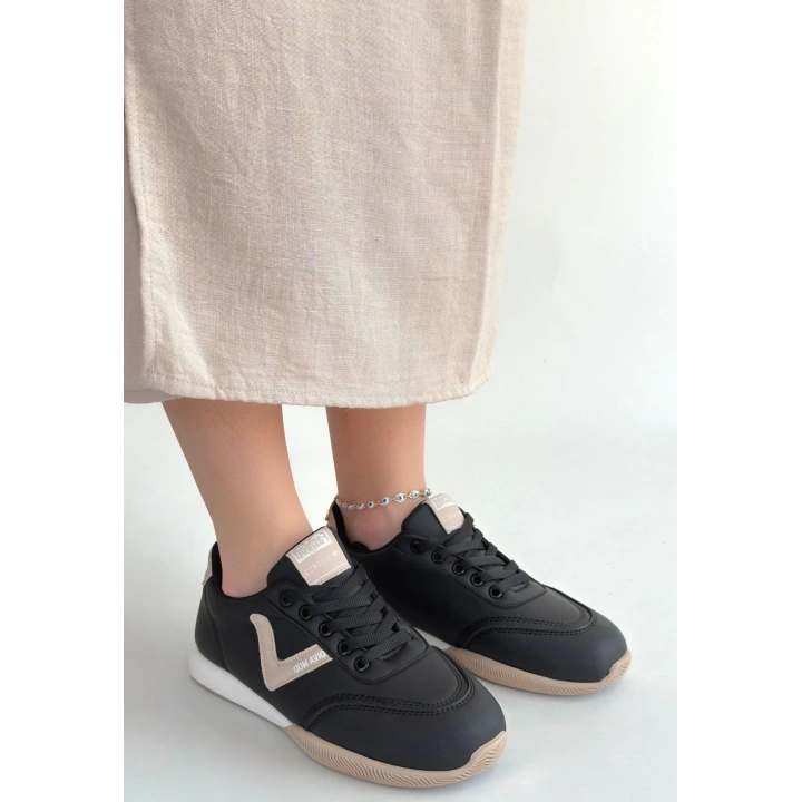 Jowen Siyah Cilt Bej Detaylı Bağcıklı Spor Ayakkabı