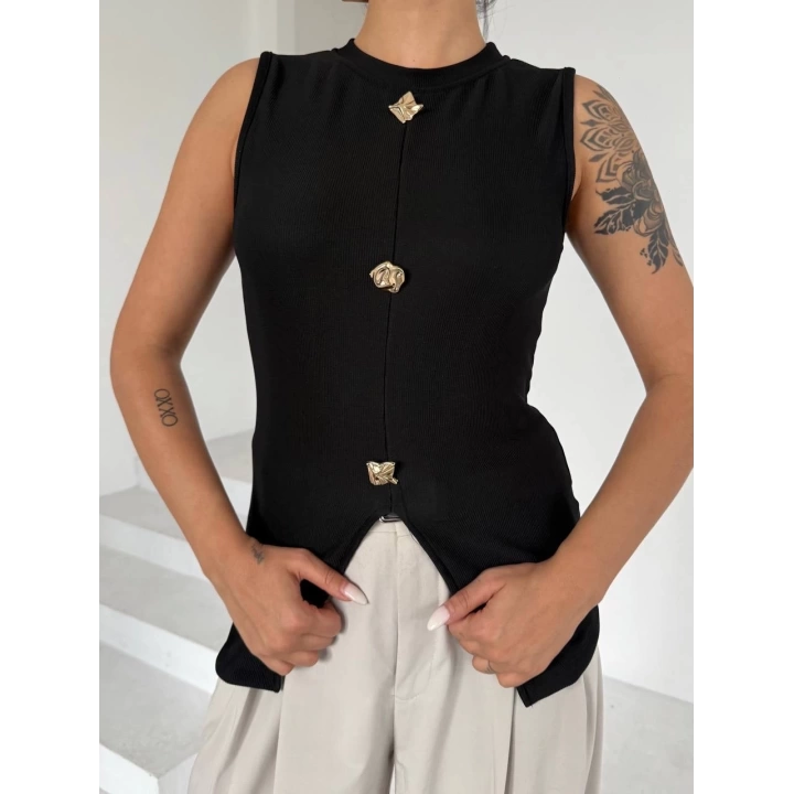 Kadın siyah bisiklet yaka gold düğmeli ottoman bluz s2310