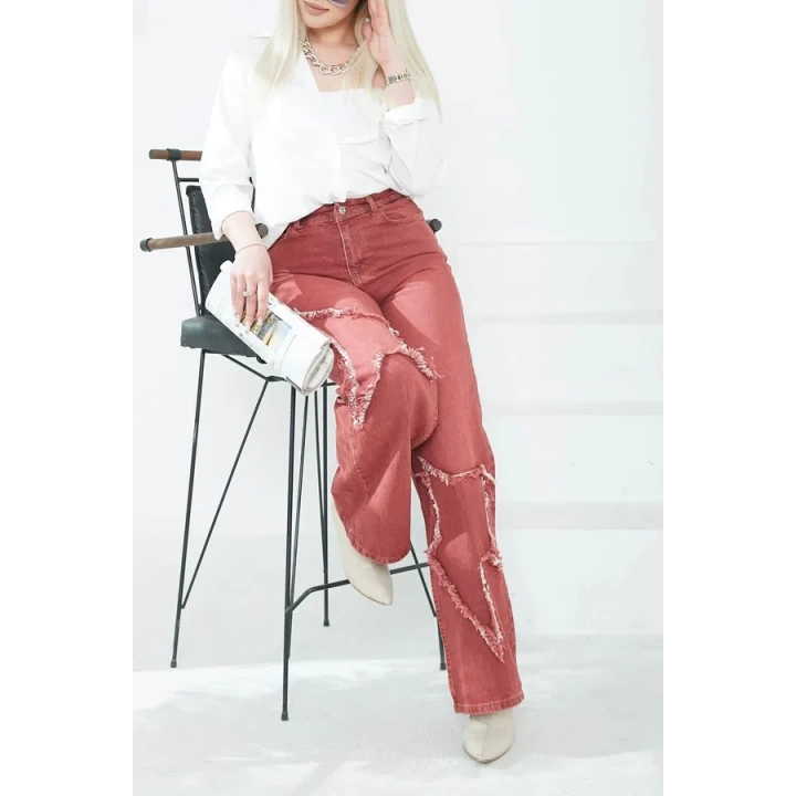 Kadın Yüksel Bel Püskül Detaylı Palazzo Jean Kot Pantolon