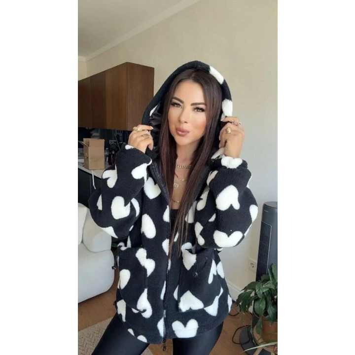 Kalpli peluş ceket içi astarlı siyahbeyaz