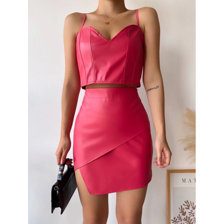 Kapaklı asimetrik model deri etek pembe s240106