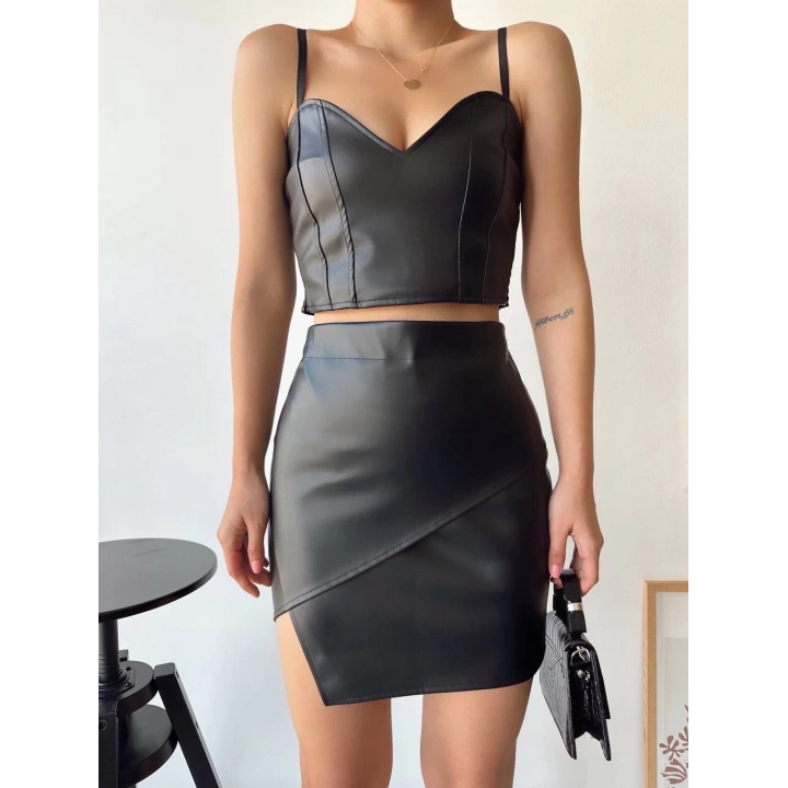 Kapaklı asimetrik model deri etek siyah s240106
