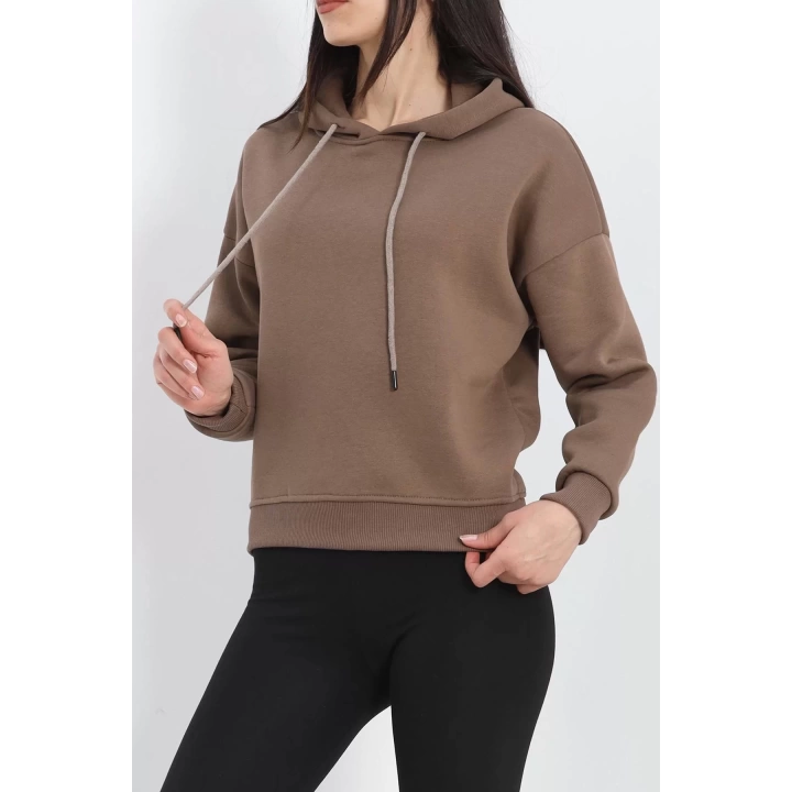 Kapşonlu 3 İplik Crop Sweat Açıkkahve - 20969.1878.