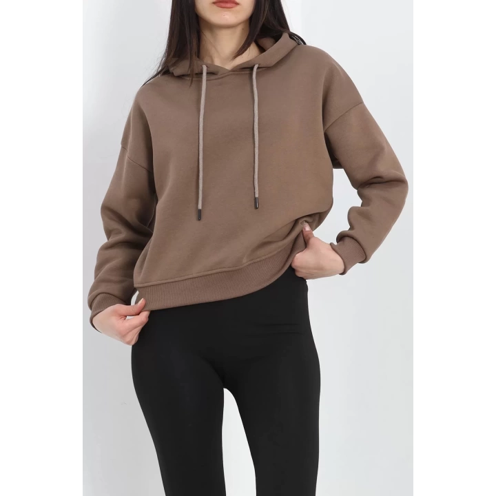 Kapşonlu 3 İplik Crop Sweat Açıkkahve - 20969.1878.