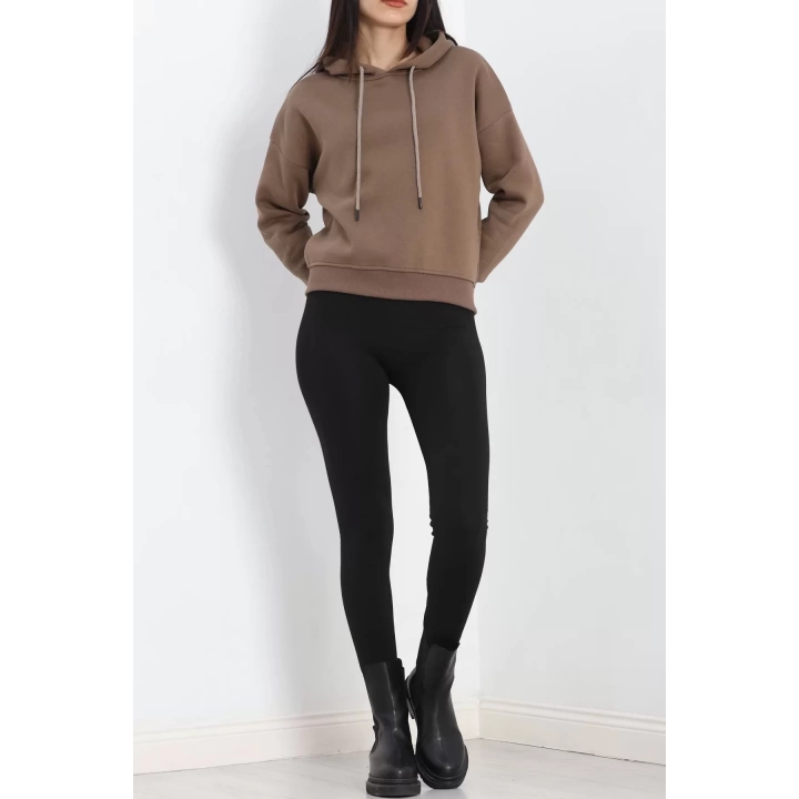 Kapşonlu 3 İplik Crop Sweat Açıkkahve - 20969.1878.