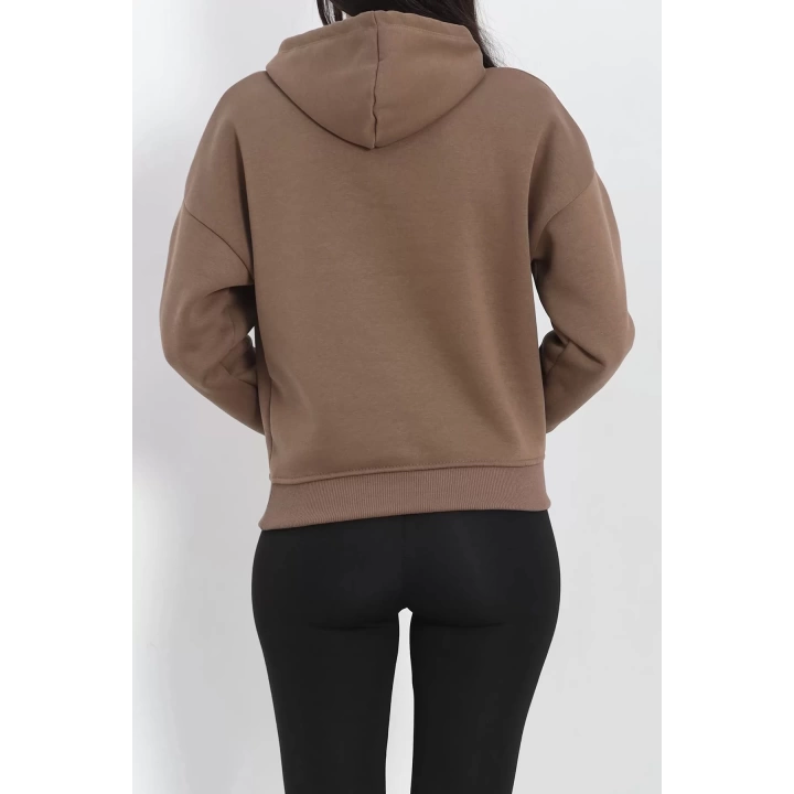 Kapşonlu 3 İplik Crop Sweat Açıkkahve - 20969.1878.