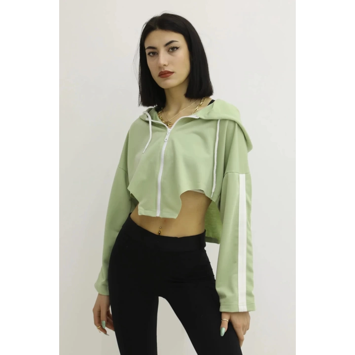Kapşonlu Yan Dekolteli Sweat Yeşil - P-019669