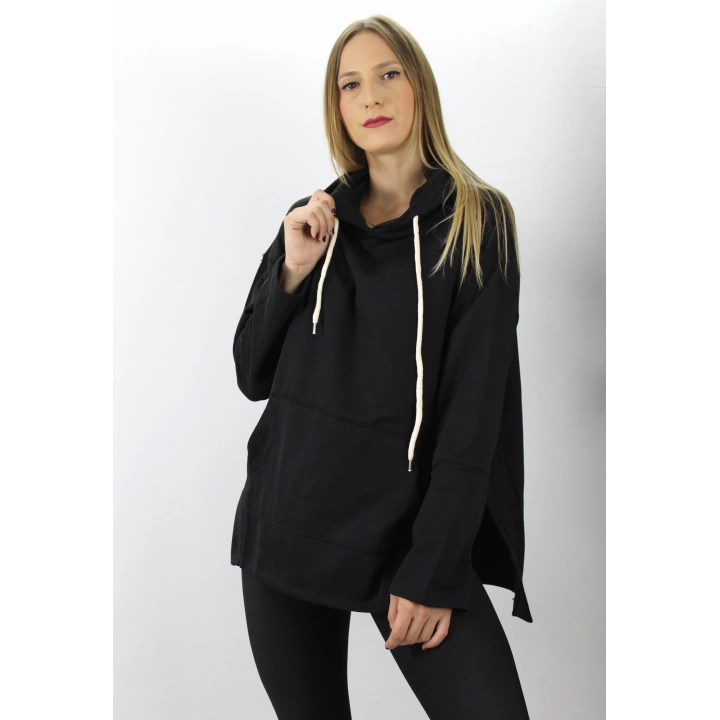 Kapşonlu Yan Yırtmaçlı Sweat Siyah - 21R1178