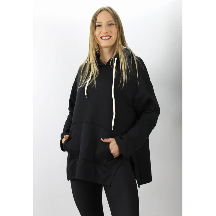 Kapşonlu Yan Yırtmaçlı Sweat Siyah - 21R1178
