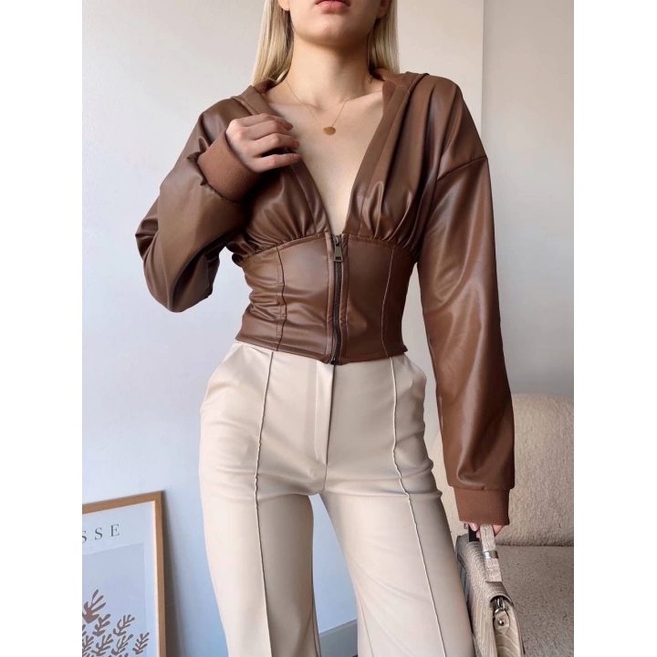 Kapşonlu yarım fermuarlı ceket kahve h24116