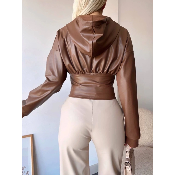 Kapşonlu yarım fermuarlı ceket kahve h24116