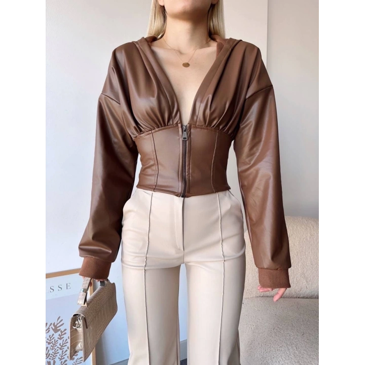 Kapşonlu yarım fermuarlı ceket kahve h24116