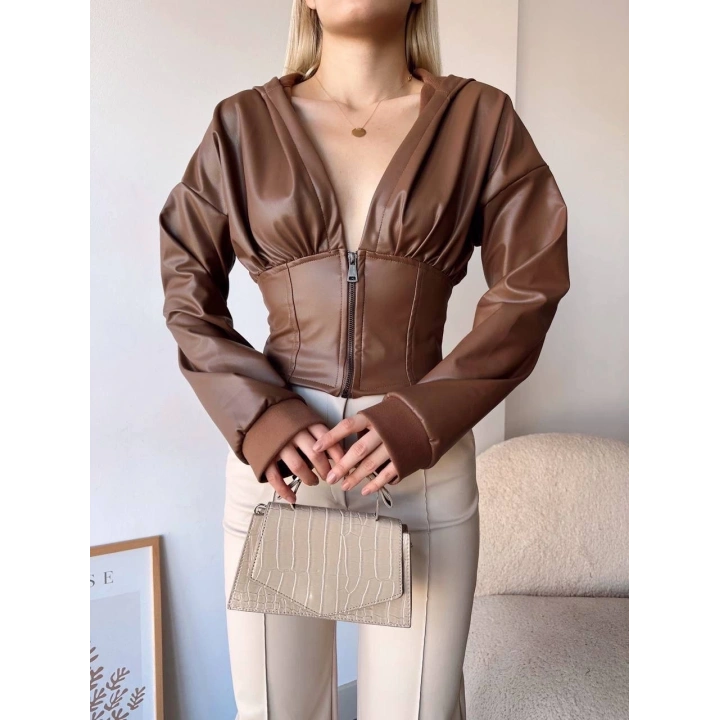 Kapşonlu yarım fermuarlı ceket kahve h24116