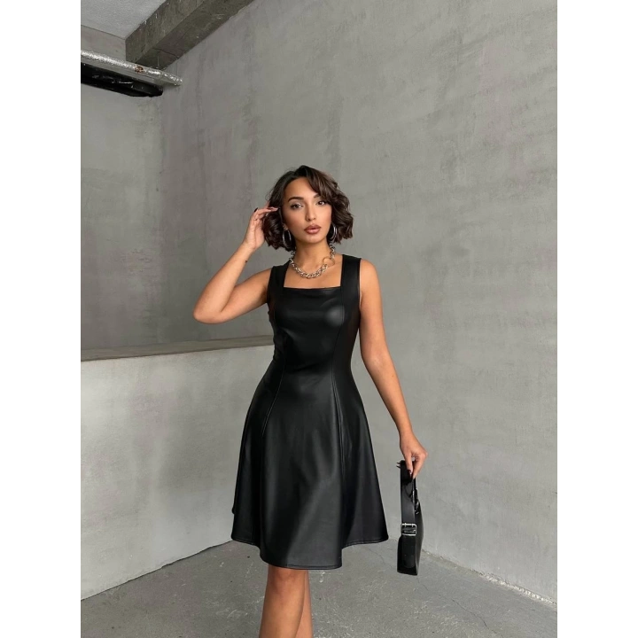 Kare yaka deri elbise siyah h24442