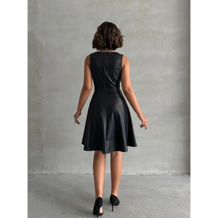 Kare yaka deri elbise siyah h24442