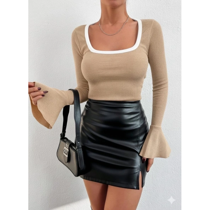 Kare yaka garni detay ispanyol kol bluz bej a3105