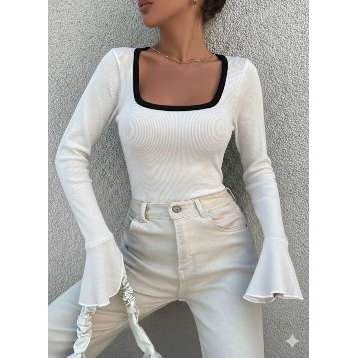 Kare yaka garni detay ispanyol kol bluz beyaz a3105