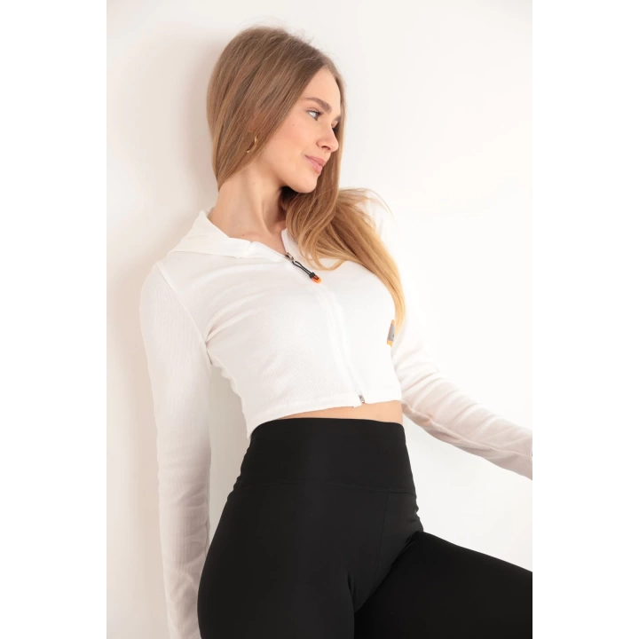Kaşkorse Kumaş Crop Fermuarlı Kadın Hırka-Ekru