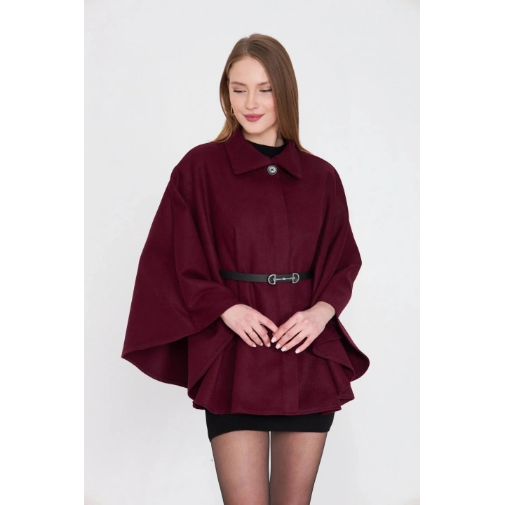 Kemerli kaşe panço bordo pt