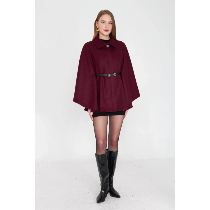 Kemerli kaşe panço bordo pt