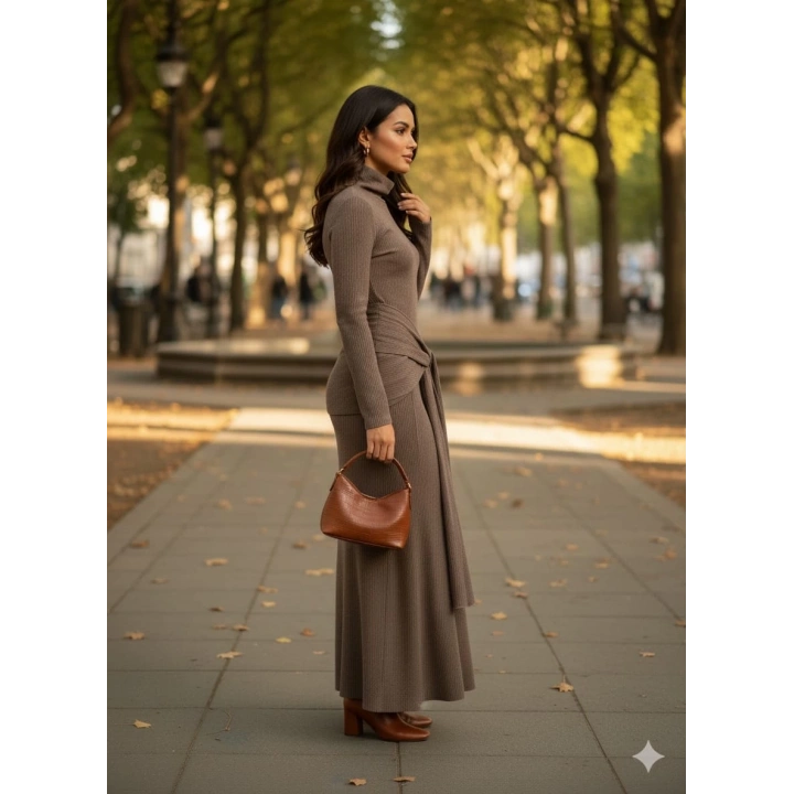 Kendinden kemerli uzun elbise vizon