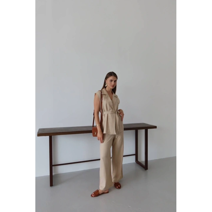Keten yelek pantolon takım bej pt