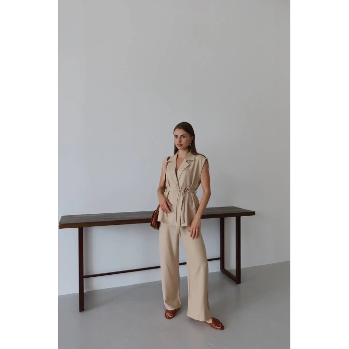 Keten yelek pantolon takım bej pt