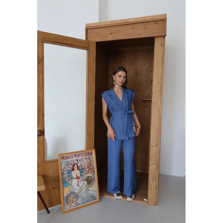 Keten yelek pantolon takım indigo pt