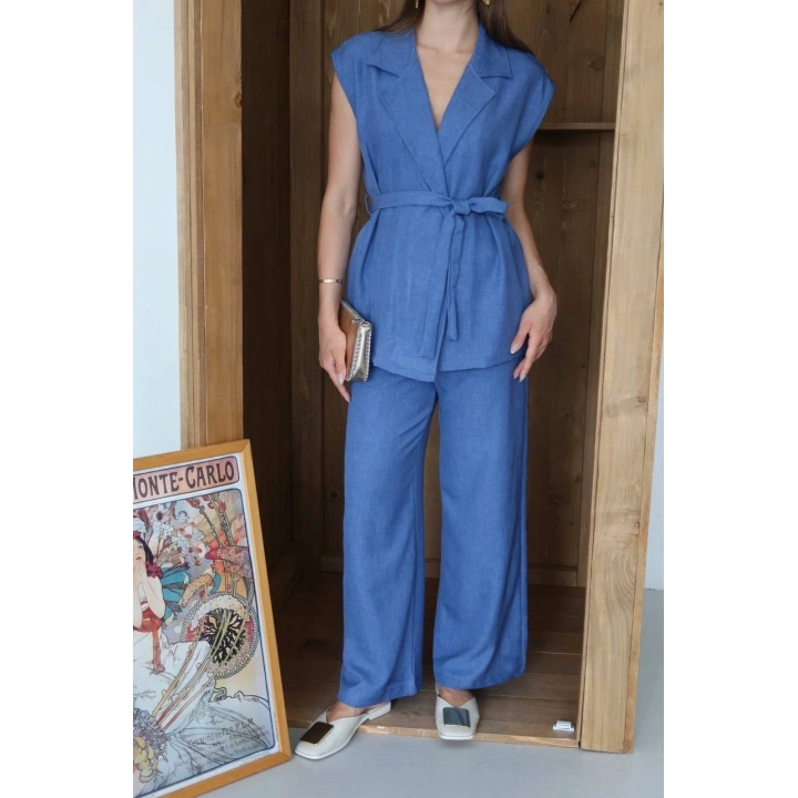 Keten yelek pantolon takım indigo pt