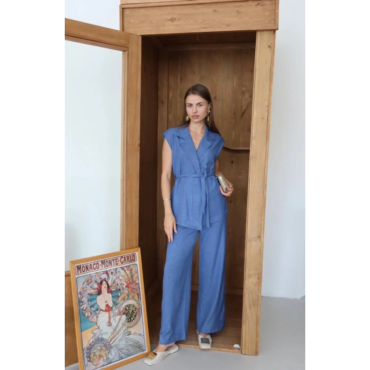 Keten yelek pantolon takım indigo pt