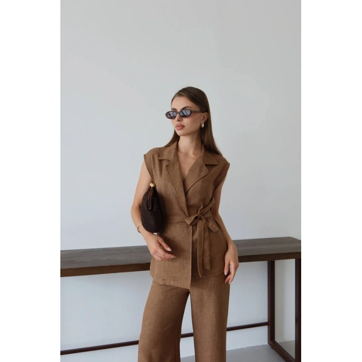 Keten yelek pantolon takım kahve pt