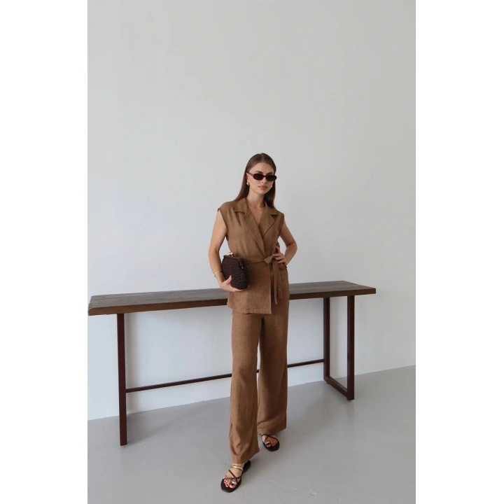 Keten yelek pantolon takım kahve pt