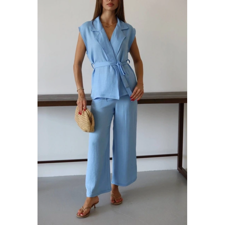 Keten yelek pantolon takım mavi pt