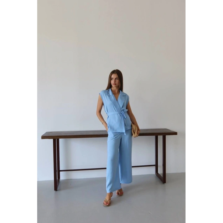 Keten yelek pantolon takım mavi pt