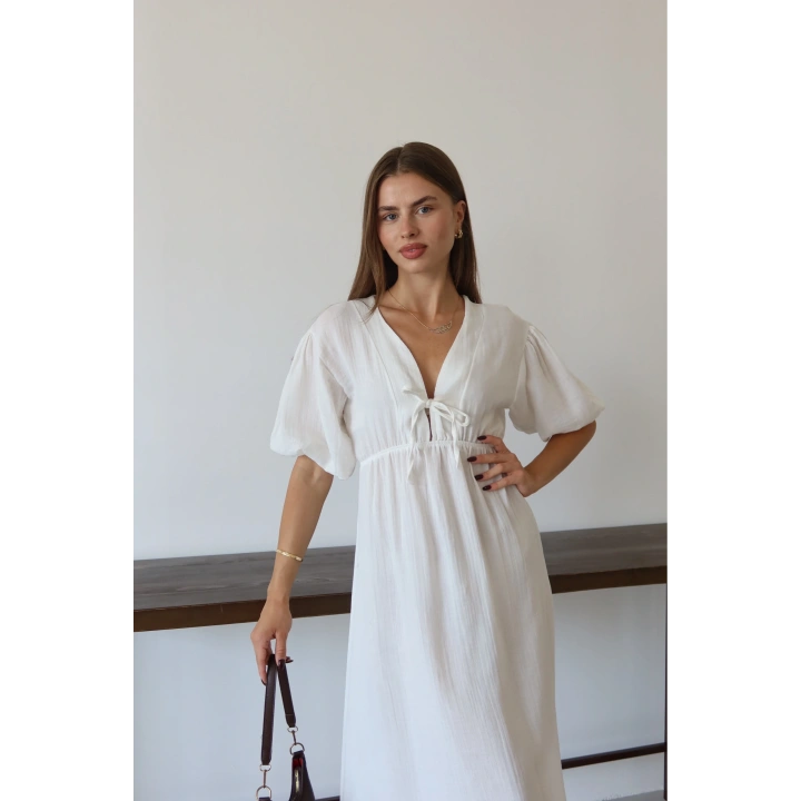 Kısa kollu müslin elbise beyaz pt