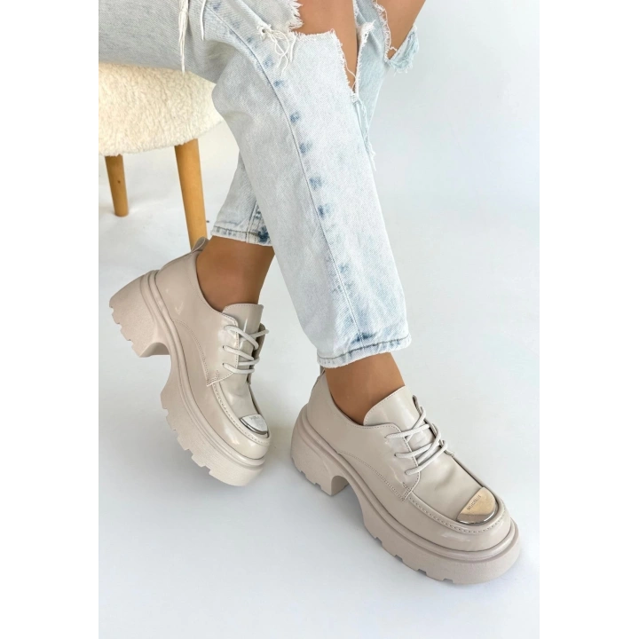 Kiya Bej Rugan Dolgu Topuk Oxford Ayakkabı