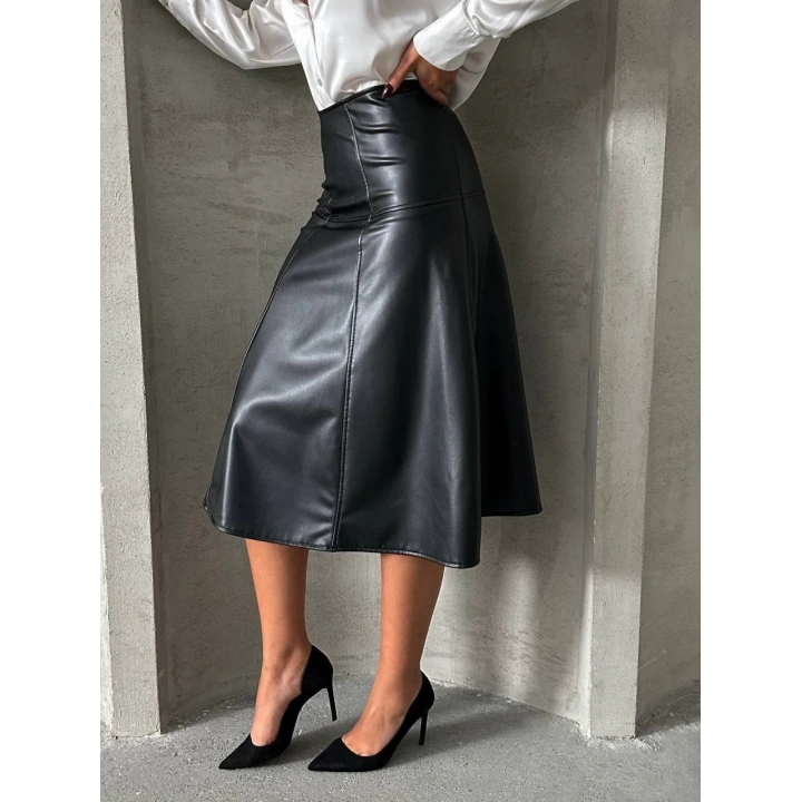 Komple parçalı deri etek siyah h26441